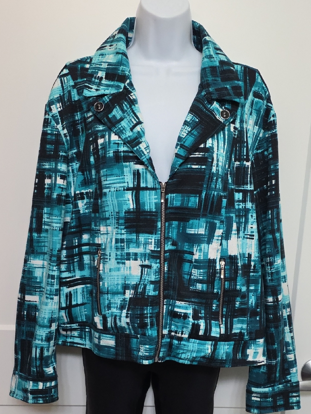 Southern Lady Turquoise and Black Brushstroke Moto Jacket